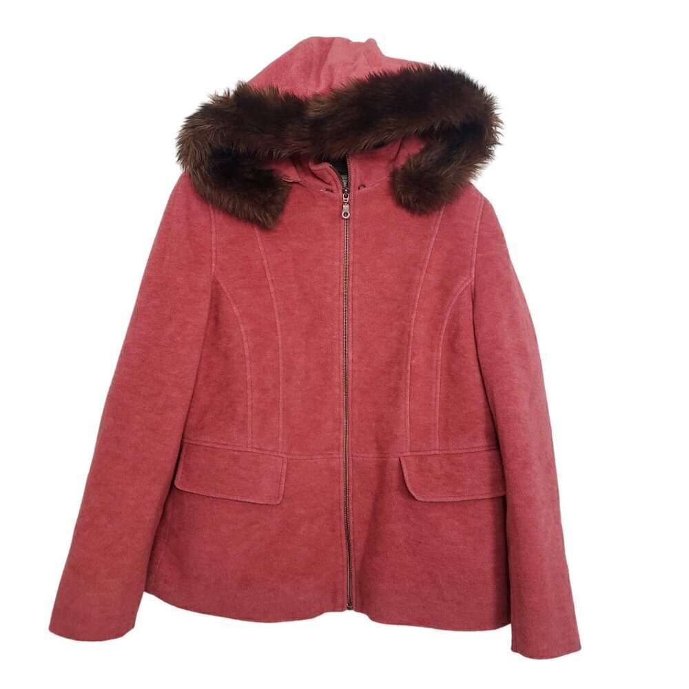 LL Bean Faux Fur Trim Jacket Wool Blend Removable Hood Salmon Womens Size Large